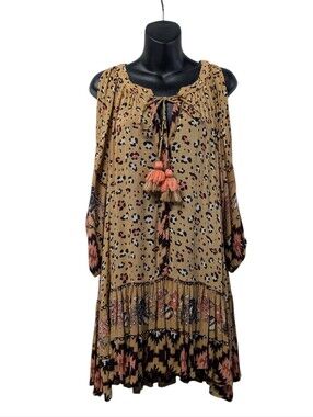 Z&L Europe Animal Print Mini Boho Dress Cold Shoulder Embroidered Tassels  14